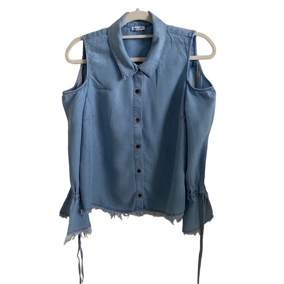 Splendid cold shoulders button down shirt blue chambray denim frayed edges M - Picture 11 of 14